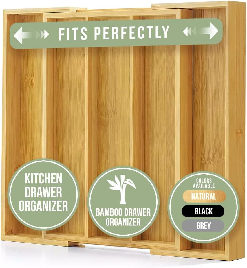 Large Premium Bamboo Silverware Organizer - Expandable Drawer Organizer & Utensil Organizer - 17.5"X19.75" Cutlery Tray with Dividers for Kitchen Utensils and Flatware (3-5 Slots) (Natural)