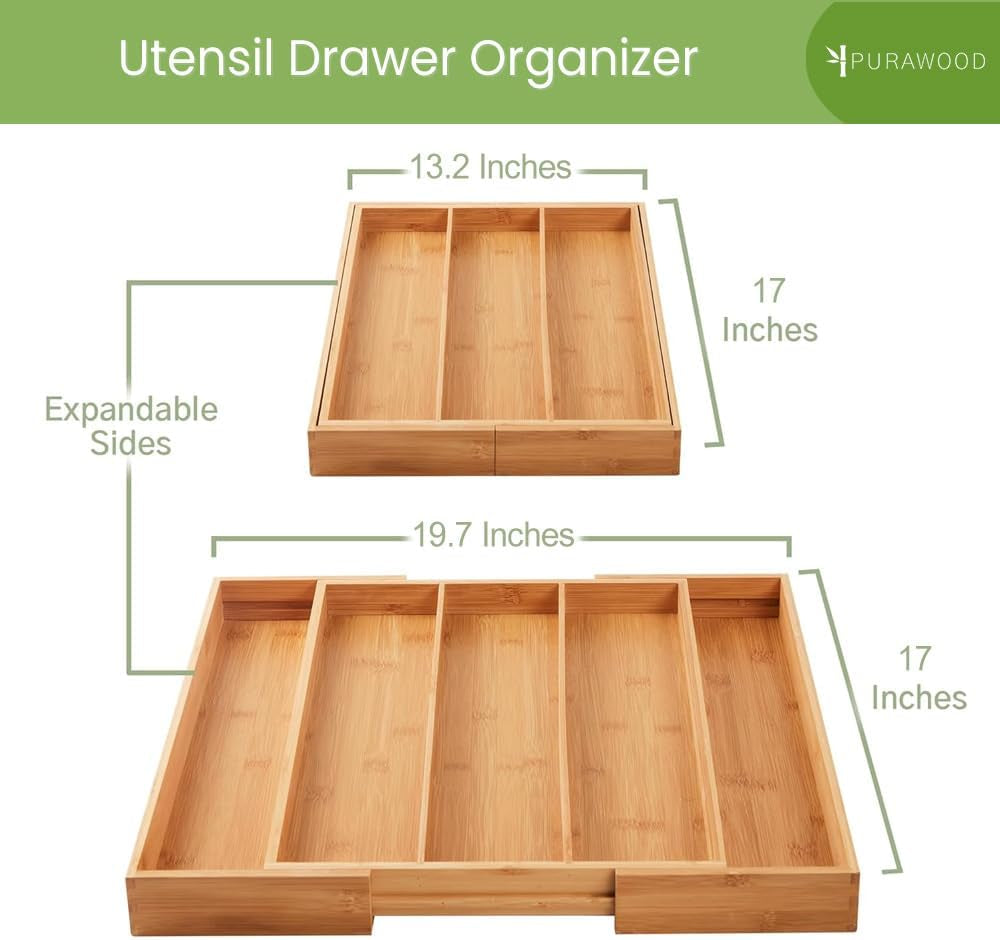 Large Premium Bamboo Silverware Organizer - Expandable Drawer Organizer & Utensil Organizer - 17.5"X19.75" Cutlery Tray with Dividers for Kitchen Utensils and Flatware (3-5 Slots) (Natural)