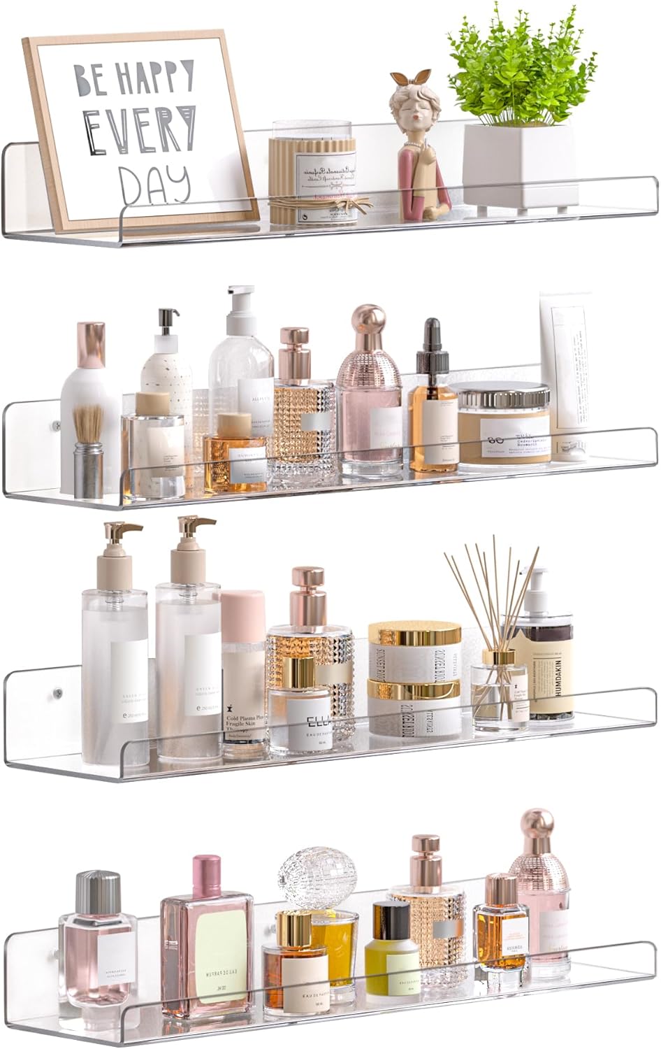 Clear Acrylic Shelves for Storage, 15" Floating Shelves Wall Mounted for Kids Bookshelf/Display Ledge for Bedroom, Living Room, Bathroom, Kitchen, Set of 4