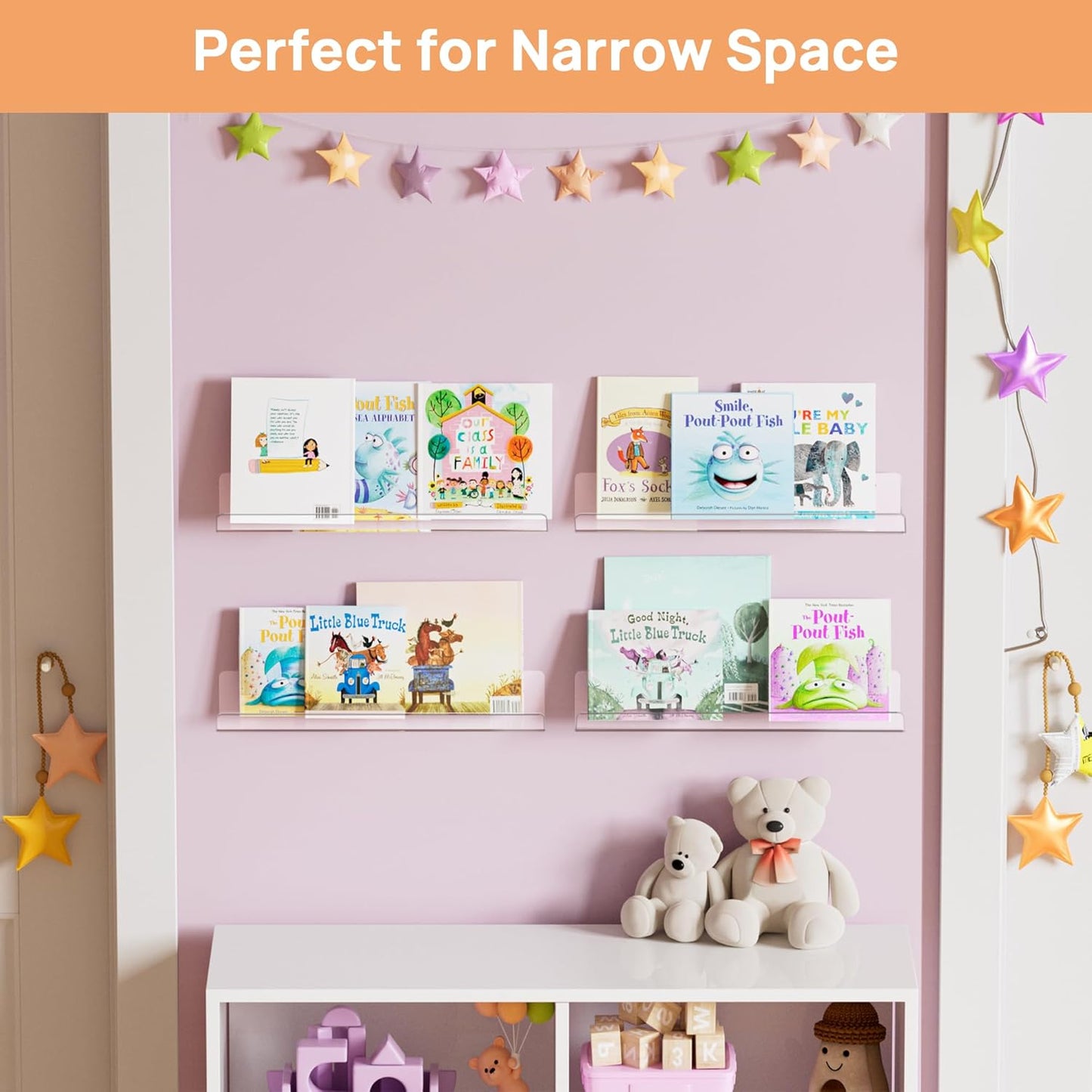 Clear Acrylic Shelves for Storage, 15" Floating Shelves Wall Mounted for Kids Bookshelf/Display Ledge for Bedroom, Living Room, Bathroom, Kitchen, Set of 4