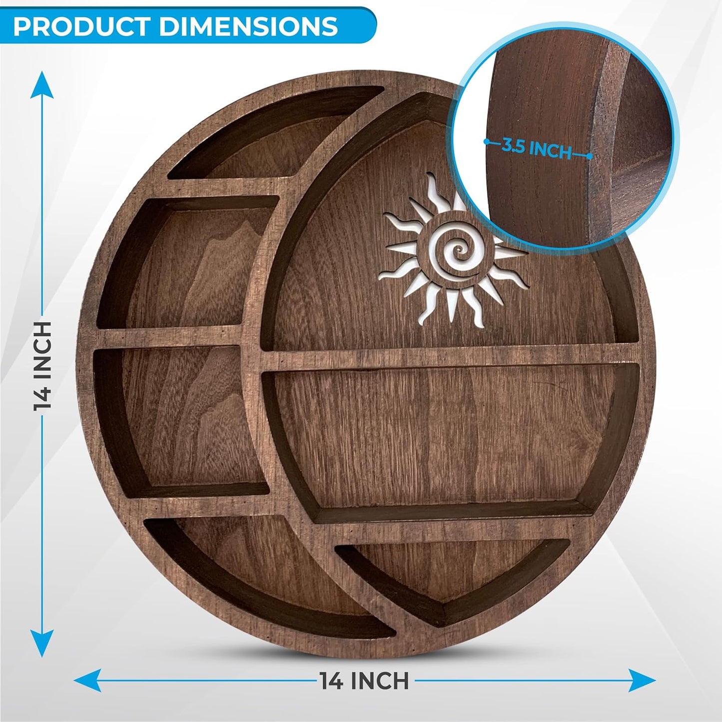 Wooden Crescent Sun Moon Shelf Wall Decor - Decorative Boho Home Hanging Display Shelf for Bedroom, Dorm, Nursery - Easy Mount Storage for Crystals and Essential Oils - 14 X 14 X 3.5