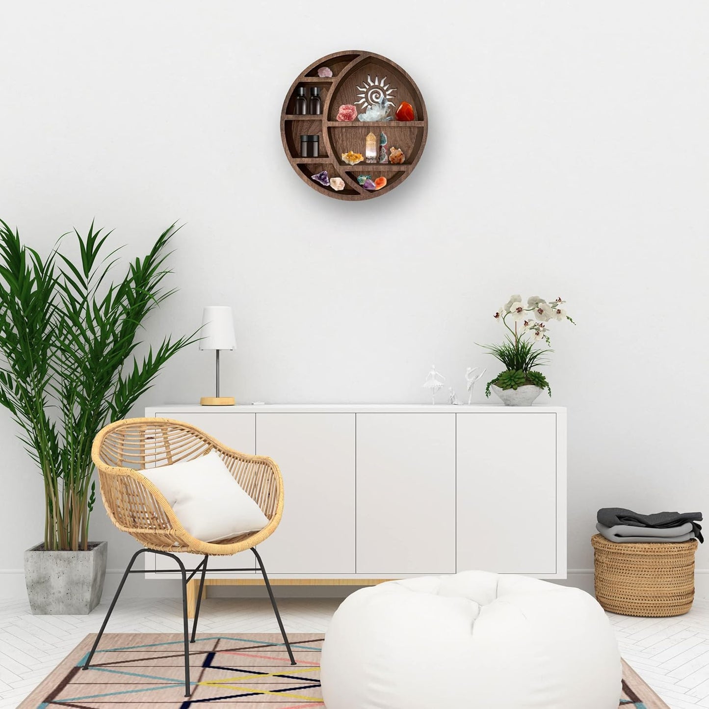 Wooden Crescent Sun Moon Shelf Wall Decor - Decorative Boho Home Hanging Display Shelf for Bedroom, Dorm, Nursery - Easy Mount Storage for Crystals and Essential Oils - 14 X 14 X 3.5