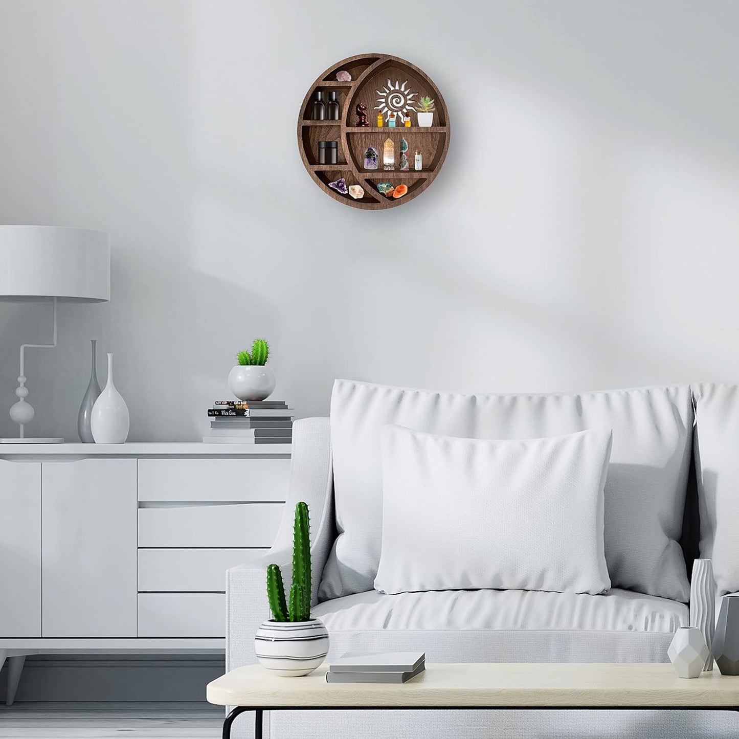 Wooden Crescent Sun Moon Shelf Wall Decor - Decorative Boho Home Hanging Display Shelf for Bedroom, Dorm, Nursery - Easy Mount Storage for Crystals and Essential Oils - 14 X 14 X 3.5