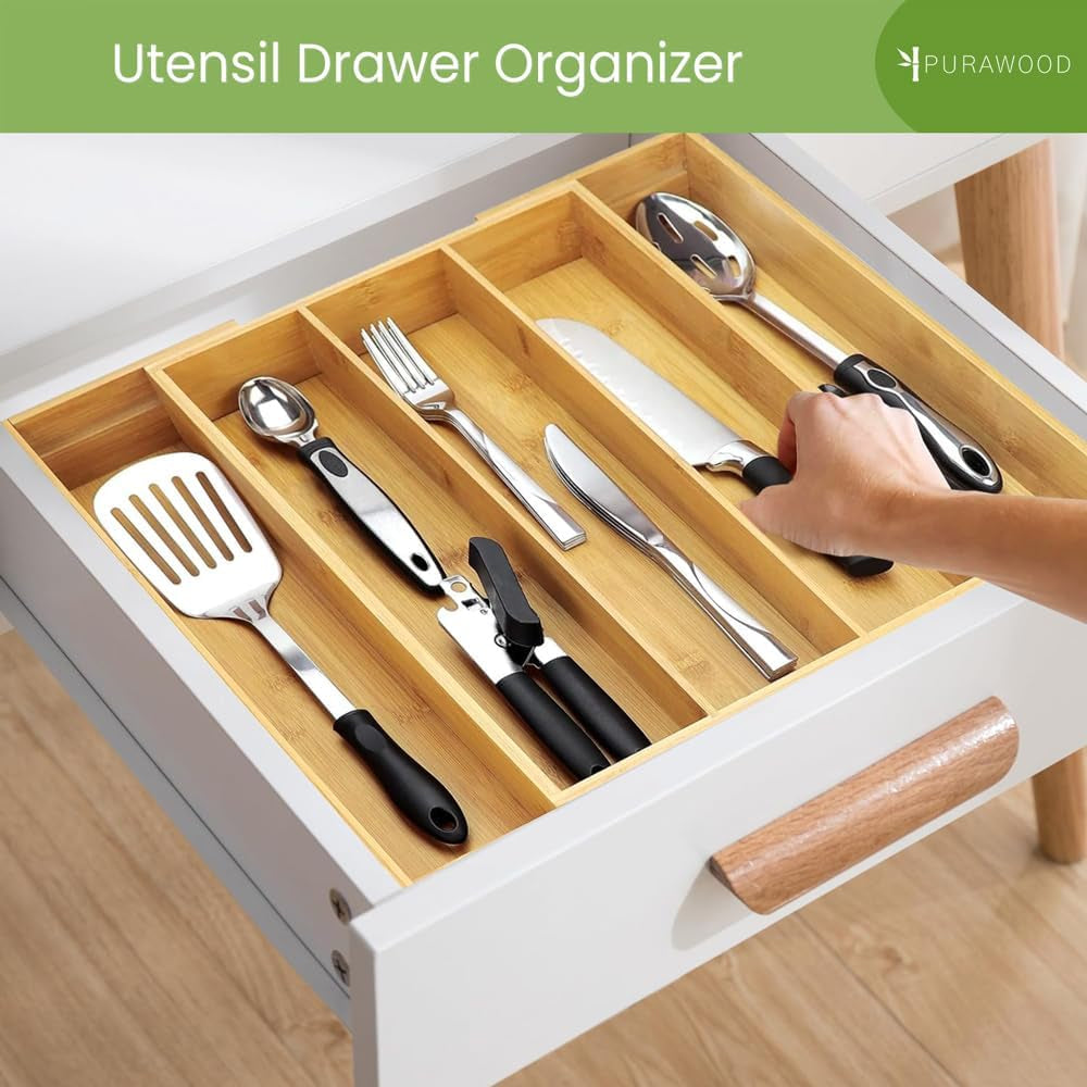 Large Premium Bamboo Silverware Organizer - Expandable Drawer Organizer & Utensil Organizer - 17.5"X19.75" Cutlery Tray with Dividers for Kitchen Utensils and Flatware (3-5 Slots) (Natural)