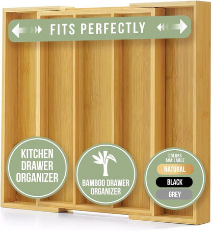 Large Premium Bamboo Silverware Organizer - Expandable Drawer Organizer & Utensil Organizer - 17.5"X19.75" Cutlery Tray with Dividers for Kitchen Utensils and Flatware (3-5 Slots) (Natural)