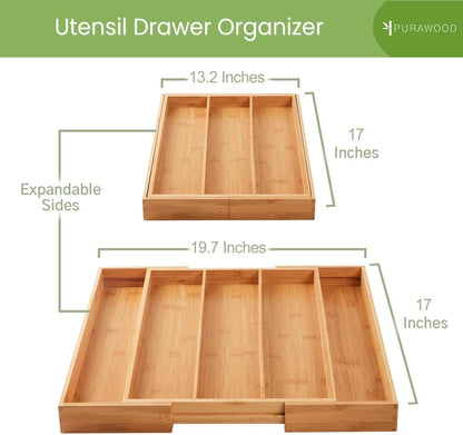 Large Premium Bamboo Silverware Organizer - Expandable Drawer Organizer & Utensil Organizer - 17.5"X19.75" Cutlery Tray with Dividers for Kitchen Utensils and Flatware (3-5 Slots) (Natural)