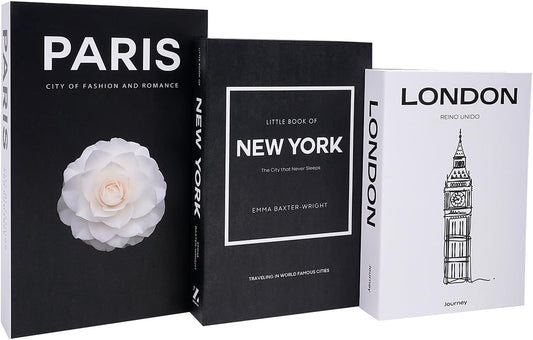 3 Pcs Fashion Decorative Books Set for Home Decor,Modern Faux Books,Decor for Coffee Tables,Bookshelves,Room Accents,Entryway,Nightstand,Display Props,Totel Decorating (3-Mix-Parisnewyorklondon-Ca)