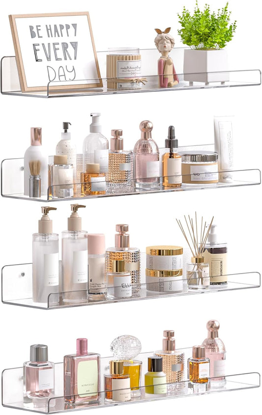 Clear Acrylic Shelves for Storage, 15" Floating Shelves Wall Mounted for Kids Bookshelf/Display Ledge for Bedroom, Living Room, Bathroom, Kitchen, Set of 4