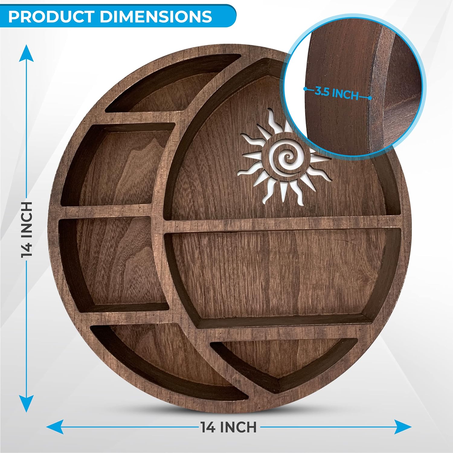 Wooden Crescent Sun Moon Shelf Wall Decor - Decorative Boho Home Hanging Display Shelf for Bedroom, Dorm, Nursery - Easy Mount Storage for Crystals and Essential Oils - 14 X 14 X 3.5